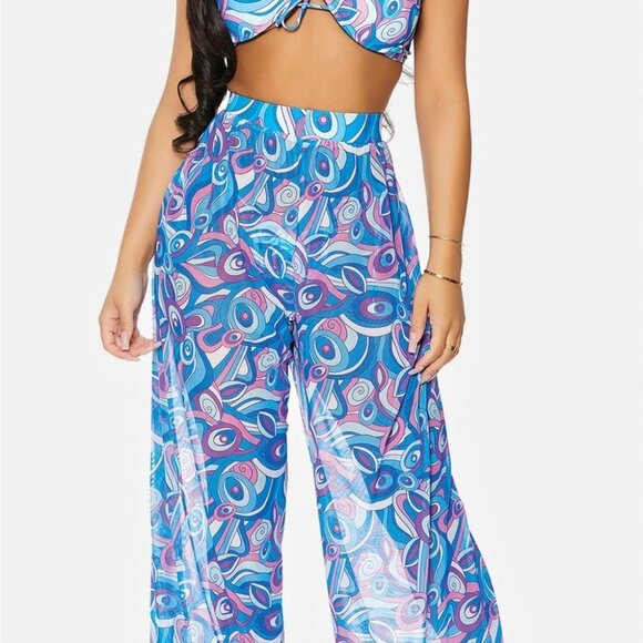 Multi Print Coverup Mesh Sheer Pool Swimwear High Waist Bottom P… - Picture 2 of 4